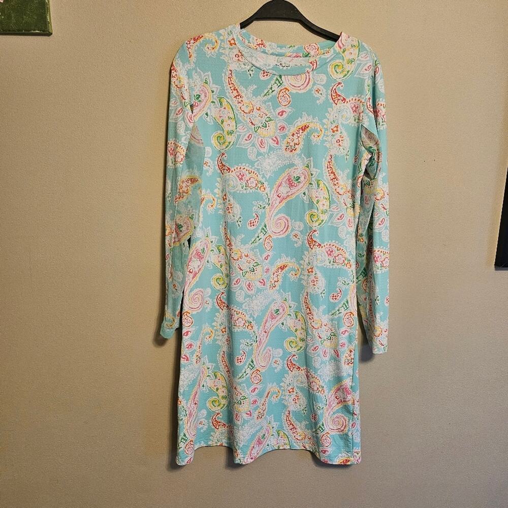 IBKUL UPF 50+ Dress Turquoise Colorful Paisley Small Long Sleeve Knee Length